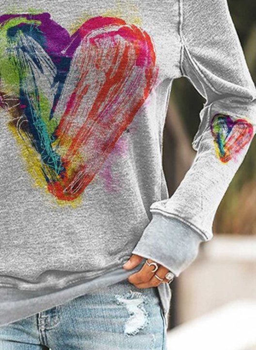 Women's Heart Print Sweatshirt Solid Long Sleeve Round Neck Casual T-shirt