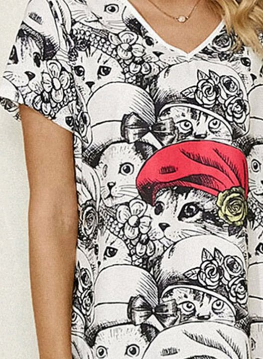 Women's Cute Cats Print Mini Dresses Animal Print Short Sleeve V Neck Casual Mini Dress