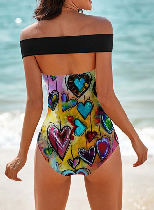 Women's One Piece Swimwear Color Block Heart-shaped Off Shoulder One-Piece Swimsuit