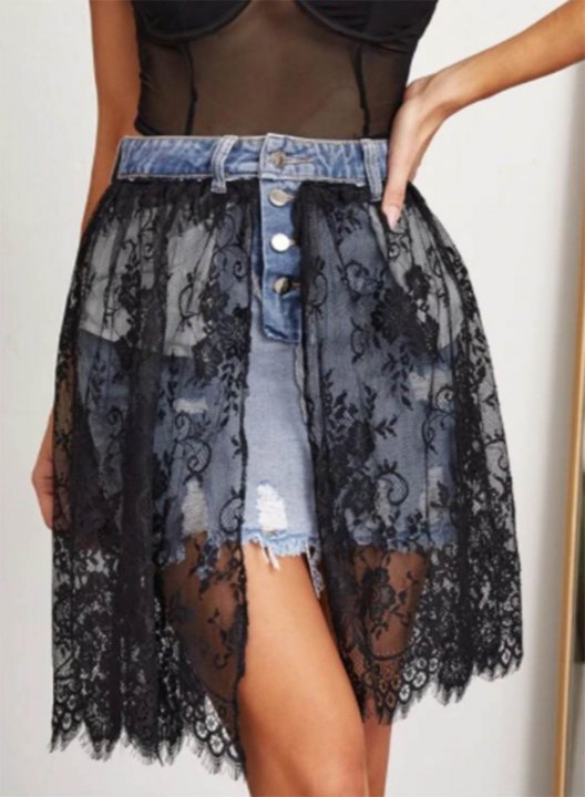 Women's Skirts High Waist Solid Denim Pocket Cut-out Lace Button Slim Summer Date Daily Elegant Mini Skirts