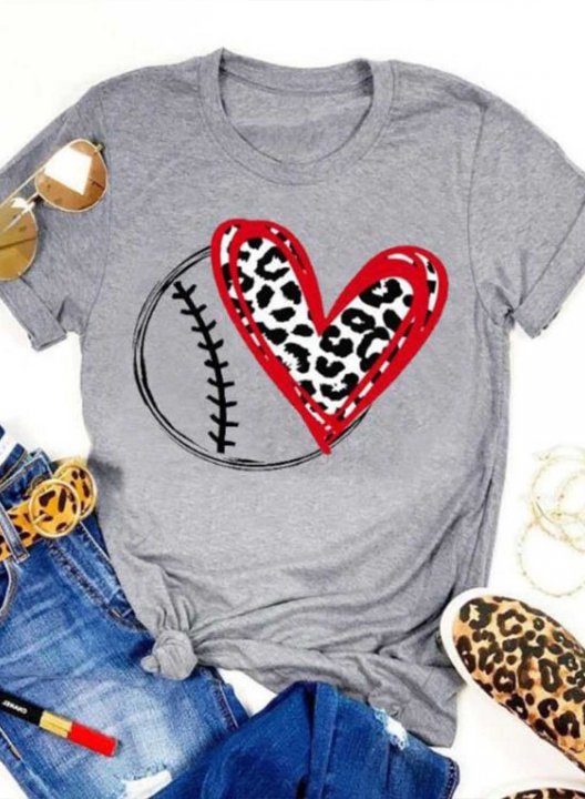 Women's T-shirts Leopard Heart & Football Solid Round Neck Short Sleeve Daily Casual T-shirts