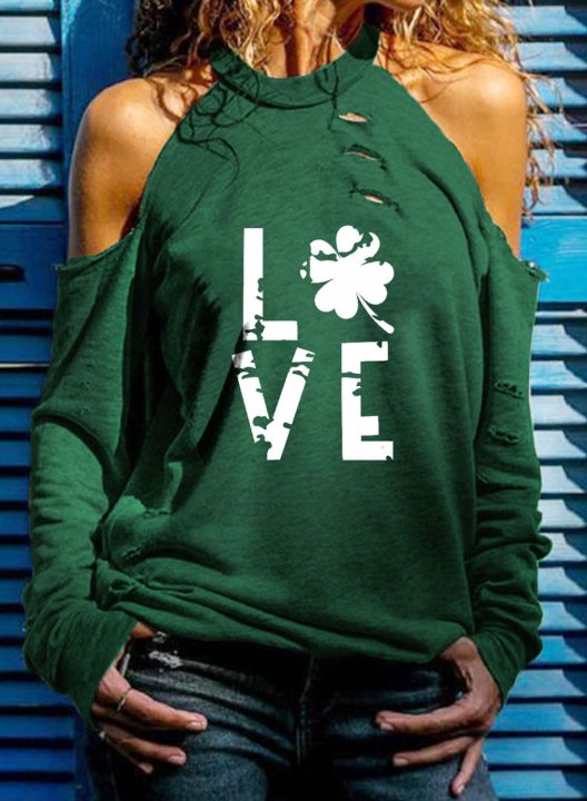 Women's St Patrick's Day Sweatshirt Shamrock Long Sleeve Crew Neck Cut-out Cold Shoulder Shirt