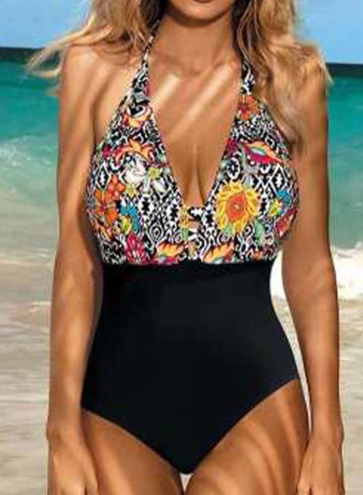 Women's One Piece Swimwear Floral V Neck Vacation Boho One-Piece Swimsuits One-Piece Bathing Suits