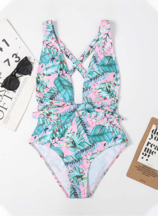 Women's One Piece Swimwear Floral V Neck Knot Vacation One-Piece Swimsuits One-Piece Bathing Suits