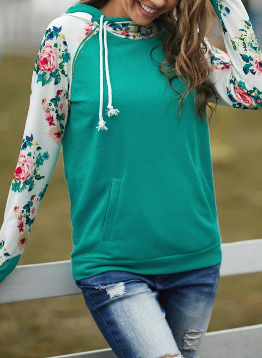 Women's Cowl Neck Hooded Floral Pocketed Sweatshirt