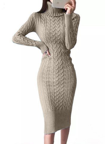 Women's Sweater Dress High Neck Long Sleeve Bodycon Solid Knitted Twisted Casual Dress