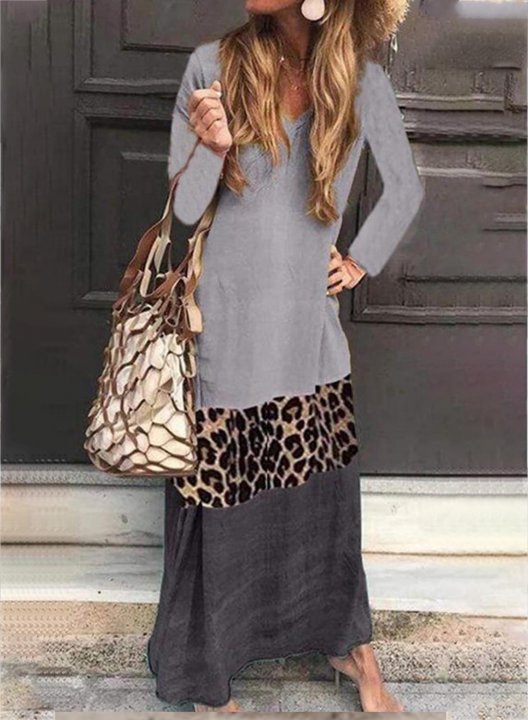 Women's Long Sleeve Long Casual Dress Color Block Leopard A-line V Neck Daily Casual Spring Maxi Dress