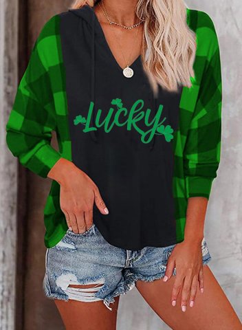 Women's St Patrick's Day Hoodies Color Block Plaid Lucky Shamrock Long Sleeve Casual Hoodie