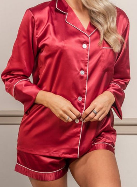 Women's Loungewear Sets Solid Long Sleeve Turn Down Collar Daily Casual Loungewear Set