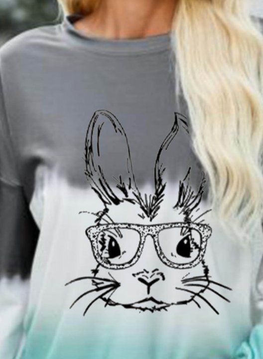 Women's Easter Bunny Print Sweatshirts Color Block Rabbit Print Long Sleeve Round Neck Sweatshirt