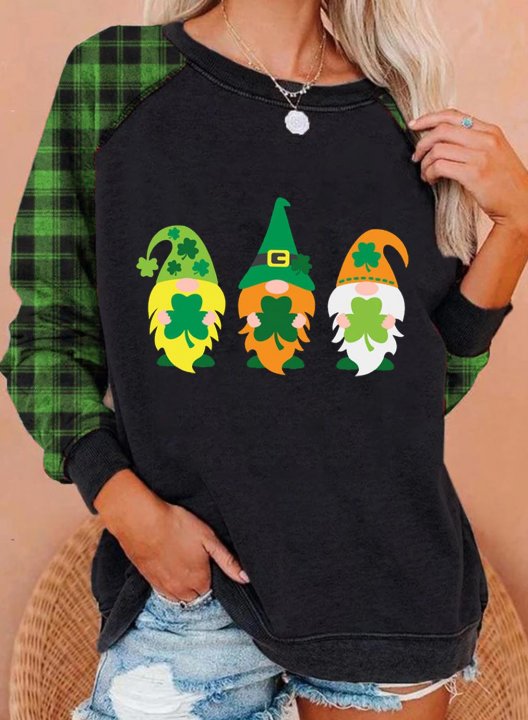 Women's St. Patrick's Day Sweatshirts Plaid Color Block Saint Patrick's Day Print Long Sleeve Round Neck Sweatshirt