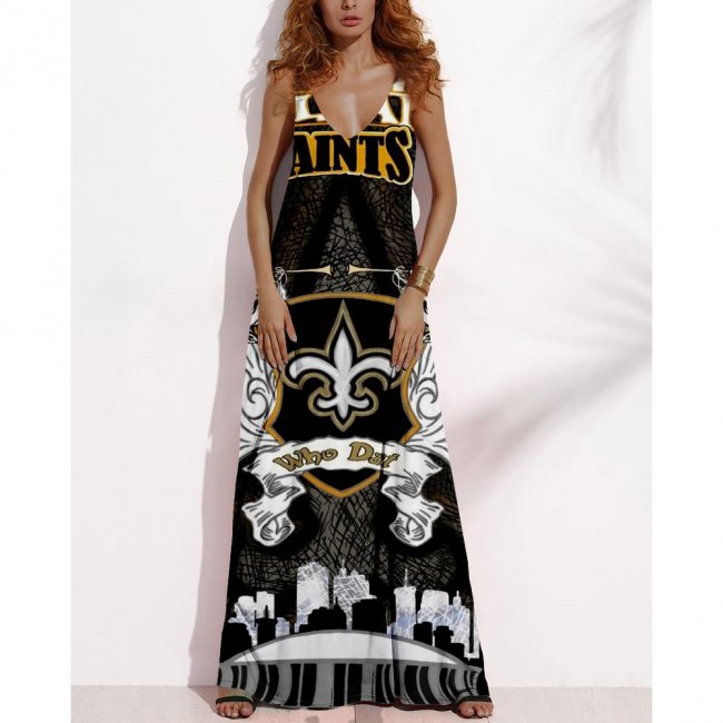 Women's Summer NEW ORLEANS SAINTS Fan Print V-neck Sleeveless Loose Long A-line Dress