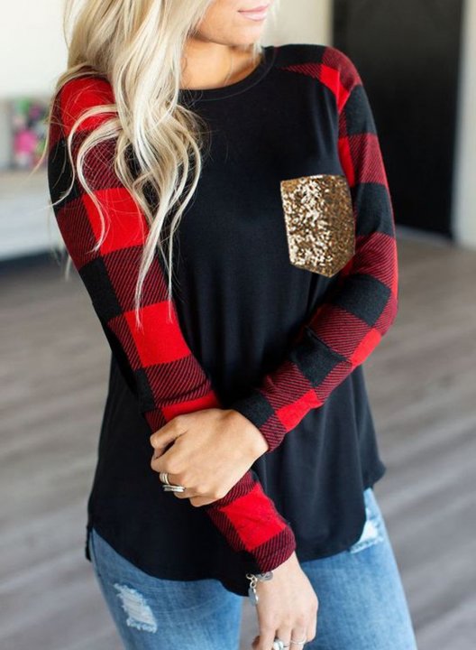 Red Plaid Pocket Sequin Long Sleeve Sweatshirt