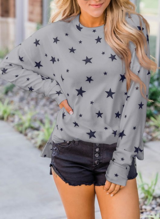 Women Star Print Long Sleeve Round Neck Tunics