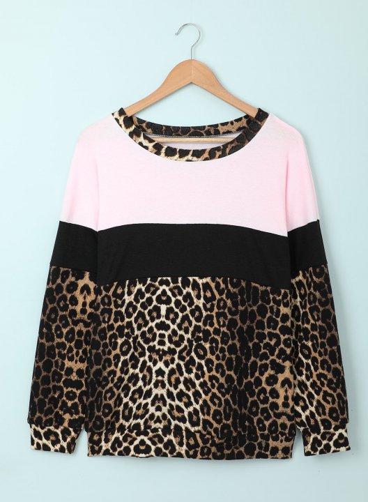 Leopard/Color Block Long Sleeve Round Neck Sweatshirt