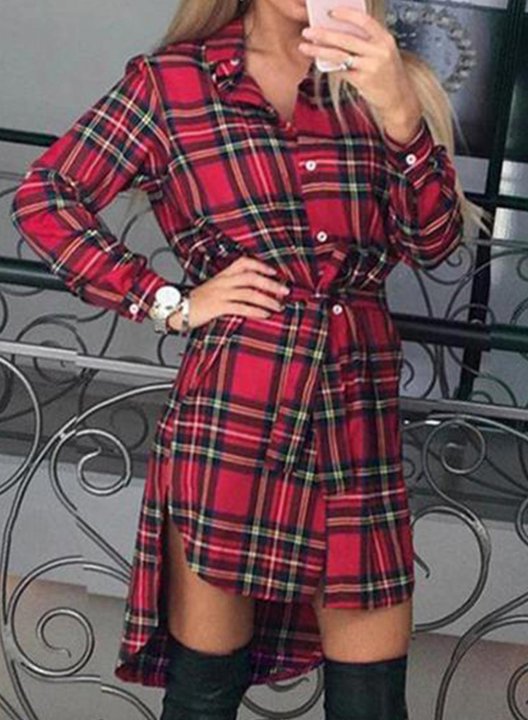 Women's Shirt Dresses Plaid Color Block Long Sleeve Shift Turn Down Collar Casual Belt Mini Dress