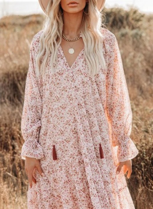 Women's Maxi Dresses Floral Fringe Tassels Flare Long Sleeve V Neck Dress