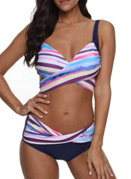 Women's Bikinis Striped Multicolor Low Rise Sleeveless V Neck Padded Unadjustable Wire-free Criss Cross Casual Vacation Bikini Suit