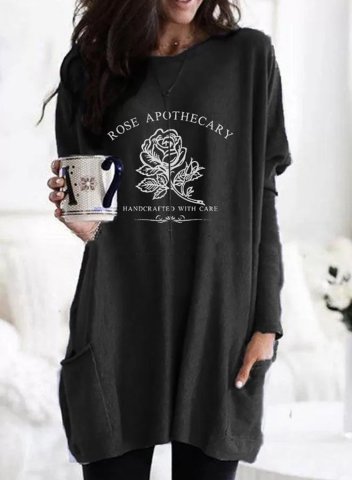 Rose Apothecary Handcrafted With Care Print Sweatshirts Long Sleeve Round Neck Tunic Shirt