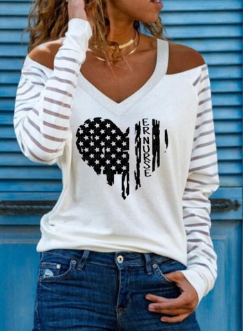 Women's American Flag Heart-shaped Sweatshirt Print Long Sleeve Cold Shoulder T-Shirt