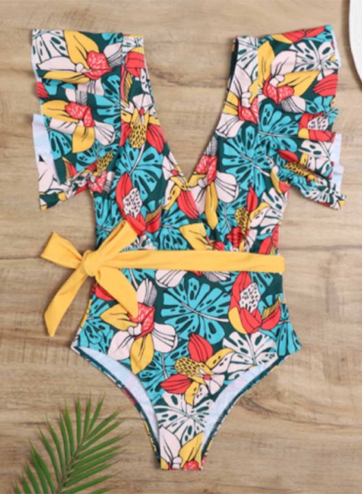 Women's One Piece Swimwear Floral V Neck Short Sleeve Ruffle Knot Casual One-Piece Swimsuits One-Piece Bathing Suits