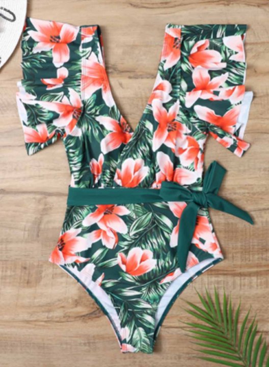 Women's One Piece Swimwear Floral V Neck Short Sleeve Ruffle Knot Casual One-Piece Swimsuits One-Piece Bathing Suits