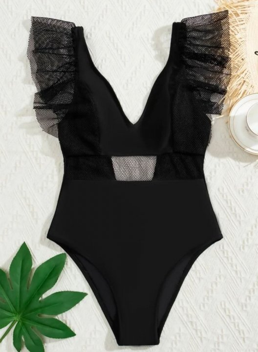 Women's One-Piece Swimsuits One-Piece Bathing Suits Solid Mesh V Neck Basic Swimsuits