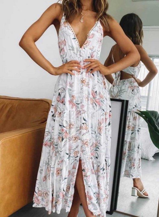 Women's Maxi Dresses Fashion Floral Sleeveless V Neck Split Open-back Knot Dress