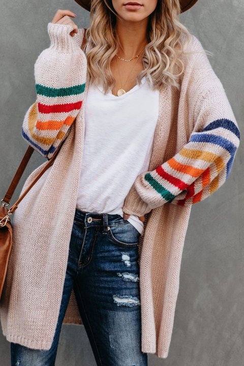 Women's Cardigans Striped Balloon Sleeve Cardigan