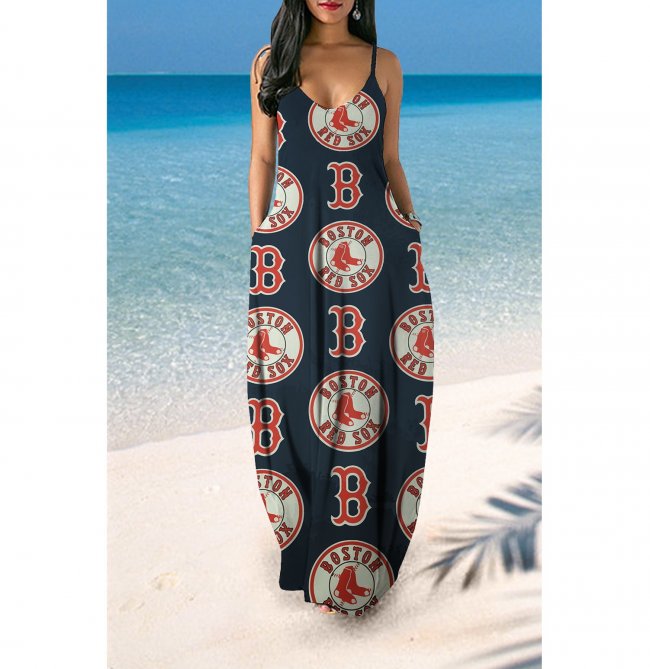 Small V-neck Boston Red Sox Team Print Sleeveless Sling Long Loose Dress