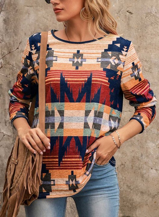 Women's Ethnic Style Geometric Aztec Sweatshirts Round Neck Long Sleeve Geometric Color Block Sweatshirts