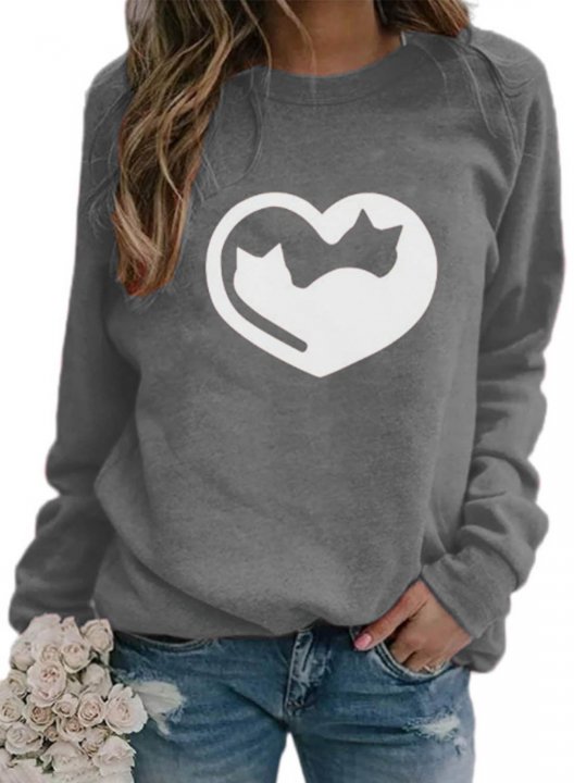 Women's Sweatshirts Heart-shaped Solid Long Sleeve Round Neck Casual Sweatshirt