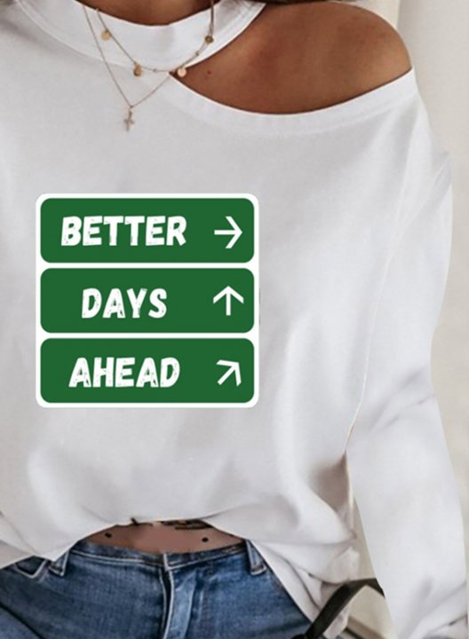 Women's T-shirts Solid Letter Asymmetrical Halter Neck Long Sleeve Casual Daily T-shirts