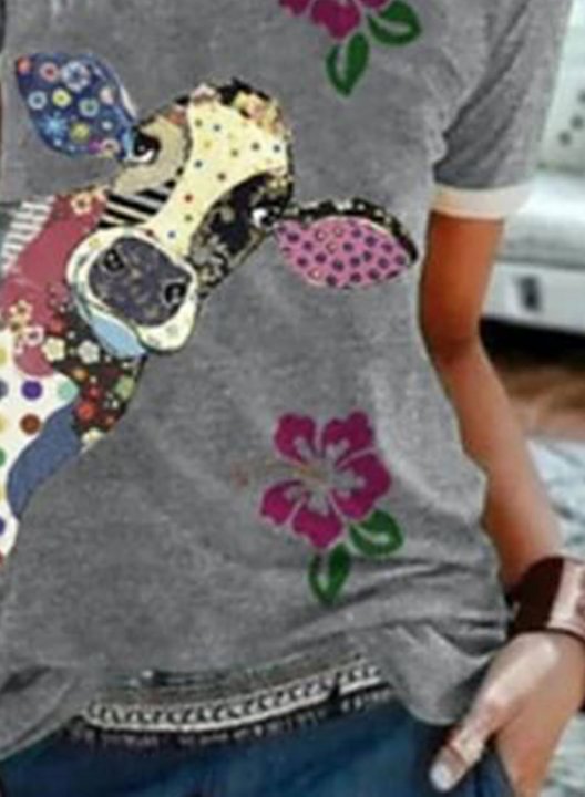 Women's T-shirts Animal Floral Print Short Sleeve Round Neck Daily T-shirt