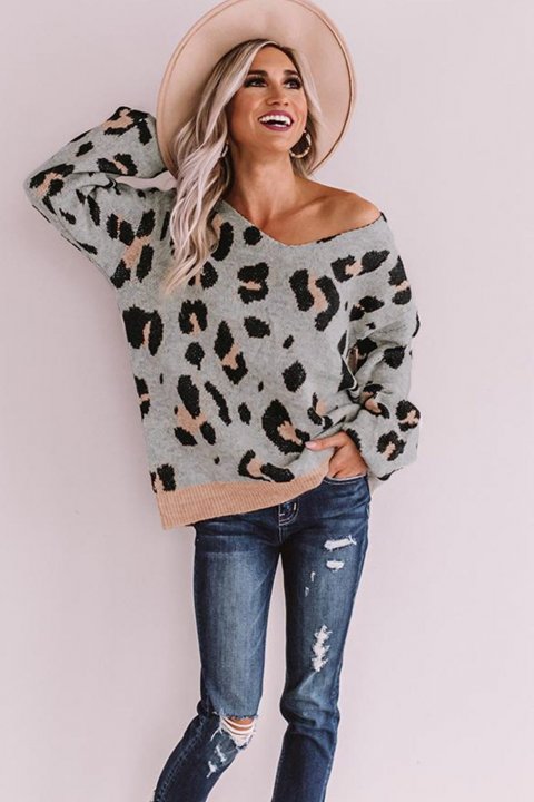 Women's Sweaters V-neck Leopard Print Puff Sleeve Sweaters