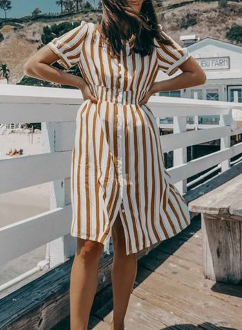 Women's Dresses Striped Short Sleeve Round Neck Vacation Daily Casual Button Knee Length Dress