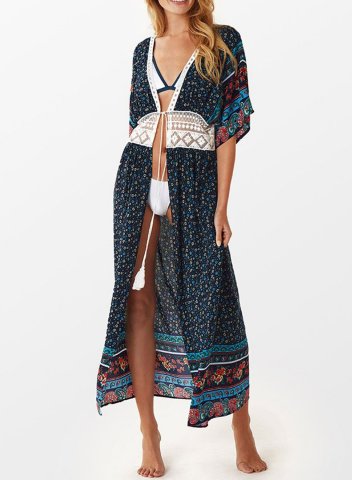 Women's Beach Cover-ups Tribal Lace Half Sleeve V Neck Open Front Boho Vintage Beach Cover-ups