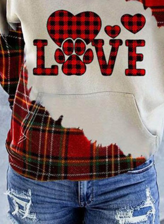 Women's Sweatshirt Plaid Heart & Love Print Hooded Sweatshirt