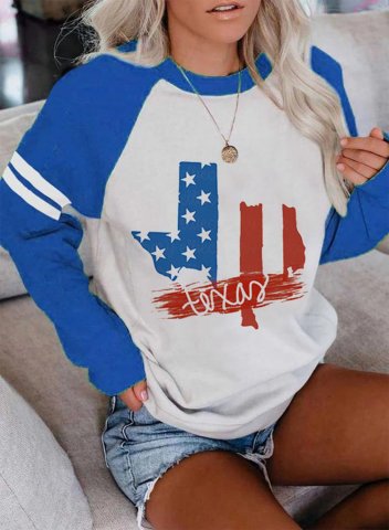 Women's Texas Flag Color Block Festival Long Sleeve Round Neck Texas Independence Day Pullovers