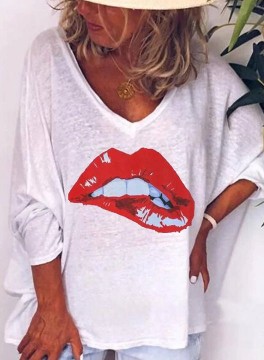 Solid 3/4 Sleeve V Neck Lips Print Loose Sweatshirt