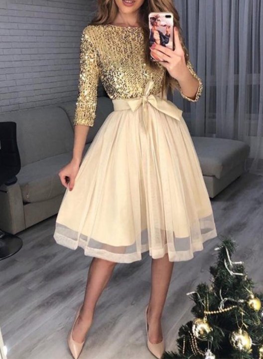 Boat Neck Sequin Midi Dress