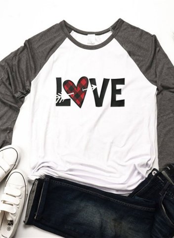 Women's T-Shirt Love Heart Print T-shirts Color-block Letter Plaid Print 3/4 Sleeve Round Neck T-shirt