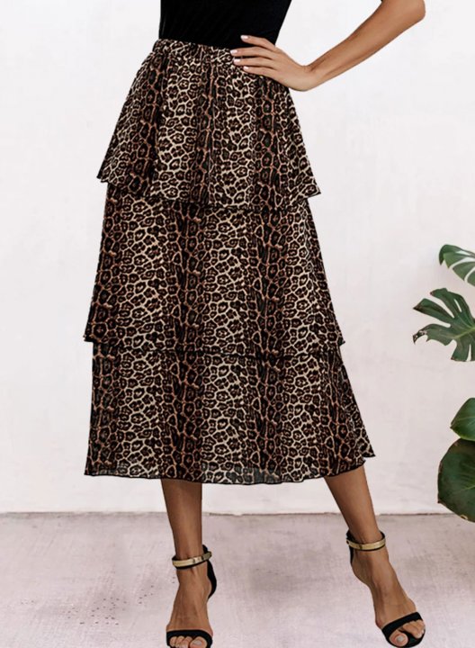 Women's Skirts Leopard High Waist Flare Daily Casual Midi Skirt