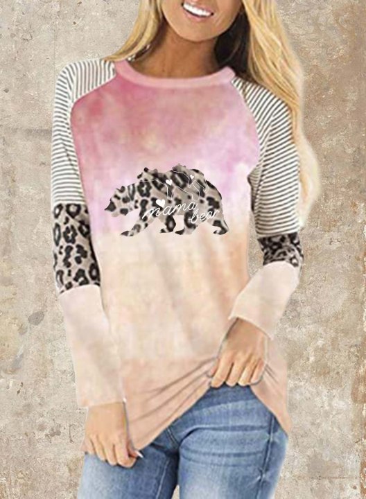 Women's Mama Bear Print Sweatshirt Leopard Bear Print Gradient Long Sleeve Round Neck Casual T-shirt