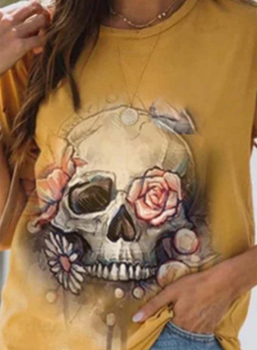 Women's T-shirts Abstract Skull Print Short Sleeve Round Neck Daily T-shirt