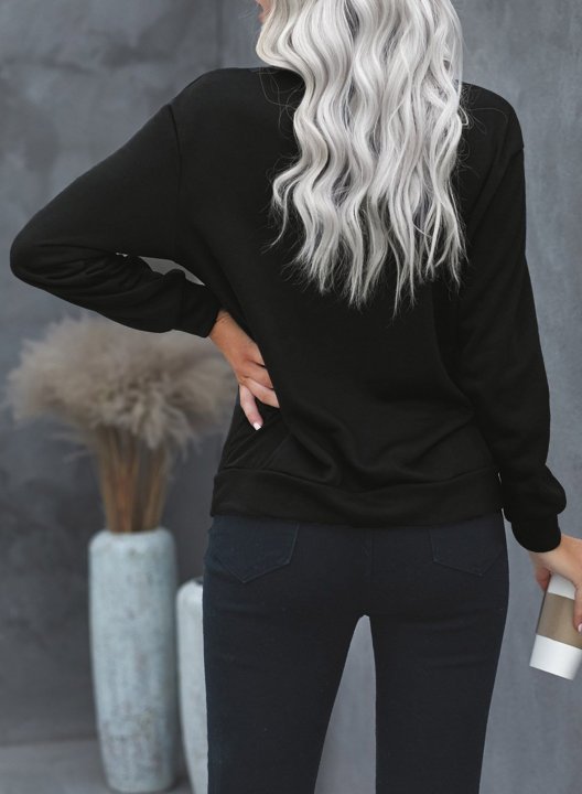 Solid Long Sleeve Letter V Neck Zip Front Sweatshirt