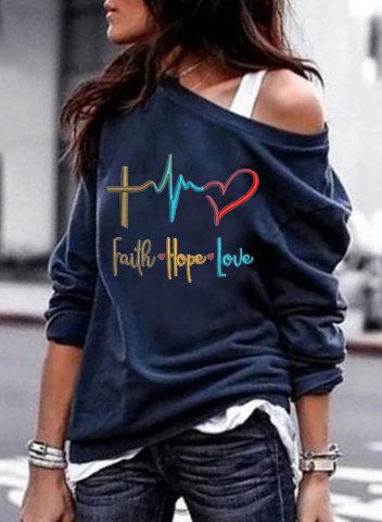 Women's Sweatshirt Faith Hope Love Letter & Heart Print Solid One Shoulder Long Sleeve Casual Pullovers