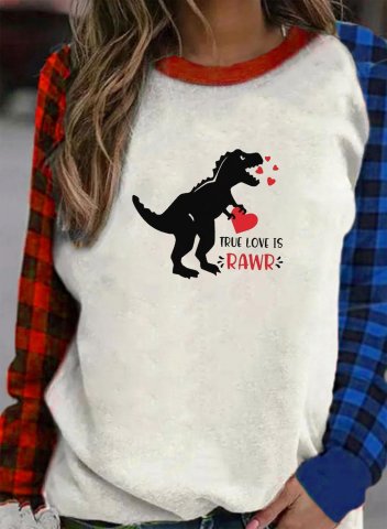 Women's True Love Is Rawr Print Sweatshirts Color Block Plaid Letter Round Neck Long Sleeve Daily Casual Sweatshirts