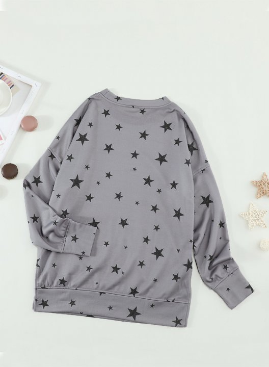 Women Star Print Long Sleeve Round Neck Tunics