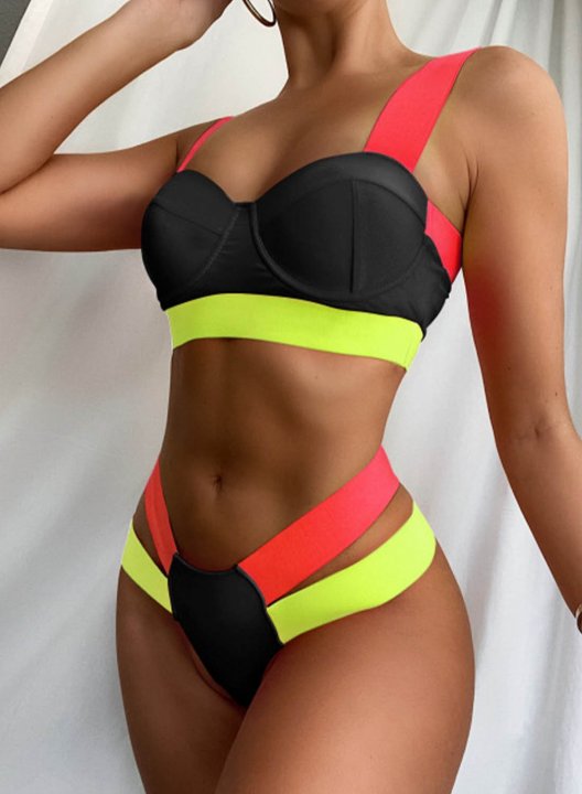 Women's Bikinis Color Block Sleeveless Unadjustable Spaghetti Beach Padded Bikinis